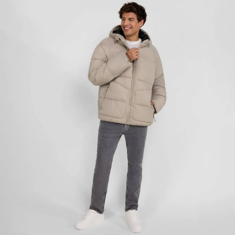 Boys quilted jacket hood zip pockets grey